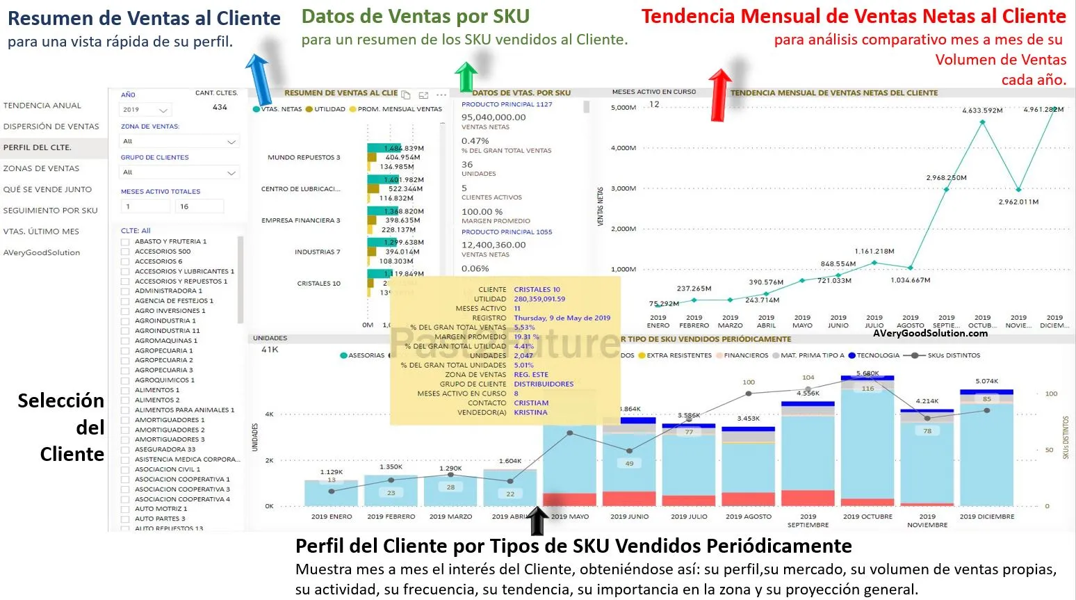 Perfil del Cliente - Solución Past2Future Business Intelligence, permite obtener el perfil de los Clientes en base a sus preferencias y volumen de compras anuales y mensuales.